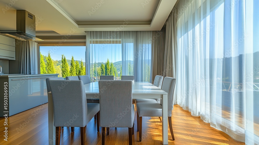 Fototapeta premium Modern dining area with panoramic views.