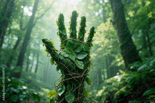 Nature-Inspired Hand Made of Leaves in a Mystical Forest