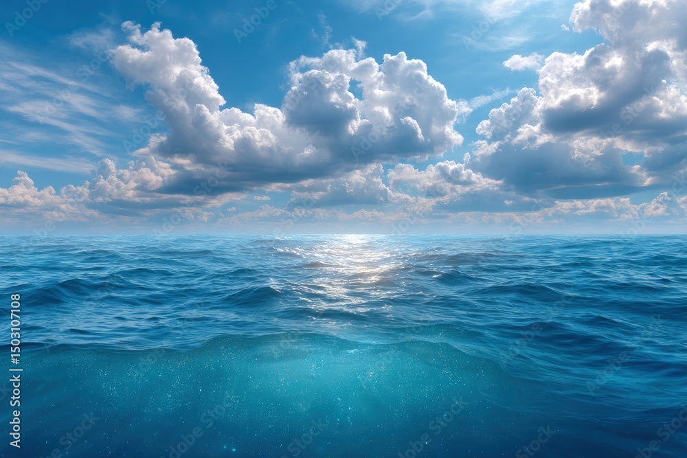 Obraz premium Oceanic Serenity: Sunlit Waves and Cloudy Sky Above