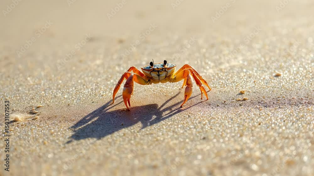 A crab running sideways across a sunlit beach, leaving tiny tracks in the sand