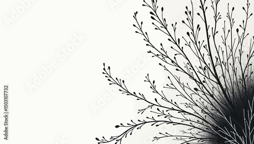 Abstract black and white botanical branches spreading from dark gradient corner.