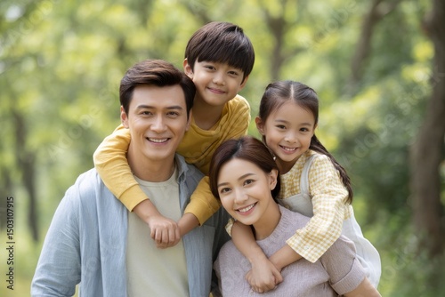 Happy Family Portrait: Joyful Children on Parents' Shoulders in a Serene Park