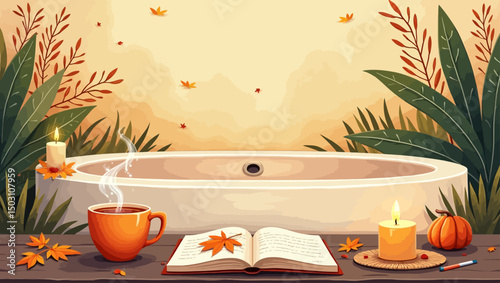Cozy autumn hot tub scene with candles, tea, and an open book surrounded by fall decor.