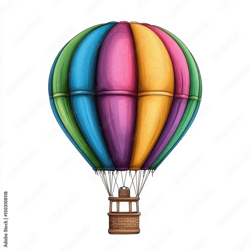 Obraz premium Illustration of Colorful Hot Air Balloon with Vertical Stripes and Wooden Basket