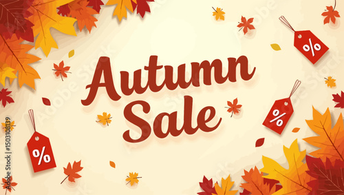 Vector autumn sale banner with percent tags and vibrant fall leaves scattered around.