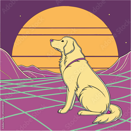 A golden retriever watching the sunset on a neon grid landscape. 