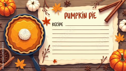  Autumn-themed blank recipe card for pumpkin pie with fall elements and rustic table.