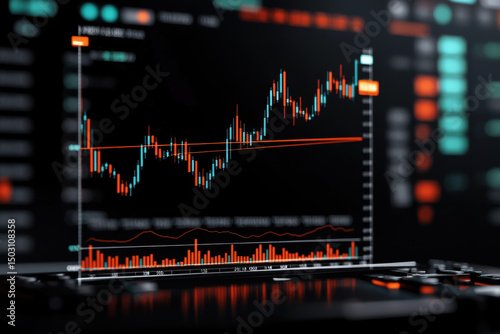 Futuristic stock chart with animated lines, deep tech background, glowing interface, financial data, modern trading