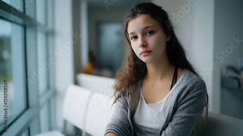 Pensive Teenager Waiting in a Clinic Waiting Room