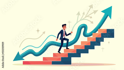 Businessman climbing arrow staircase symbolizing growth, leadership, and financial career success.