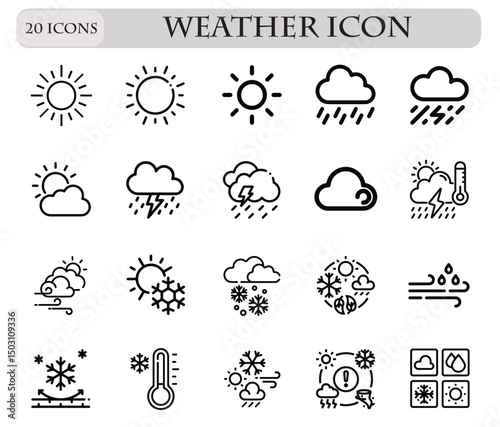 Vector Pack of Weather Icons – Includes sun, clouds, rain, snow, thunderstorm, and wind symbols. Perfect for web, apps, and print design projects