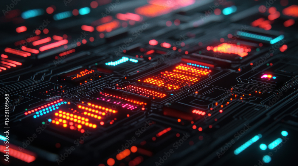 Obraz premium Glowing circuit board with connected data nodes, futuristic technology, artificial intelligence, digital network, innovation