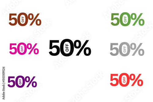 A visual of discount marketing graphics featuring different color schemes, and showcasing "50% OFF" promotional label. Part of a larger set of discount labels and sales tags.


