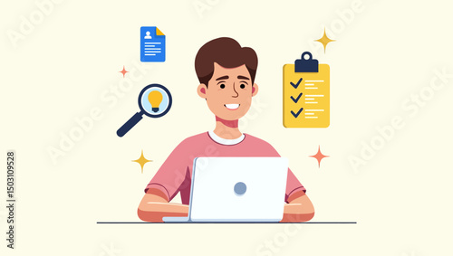 Man with laptop checking tasks and ideas, surrounded by documents and productivity icons.