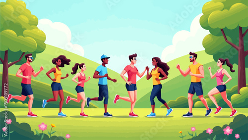 Active people jogging in a green park on a sunny day. A lively vector illustration promoting health, fitness, and outdoor exercise.