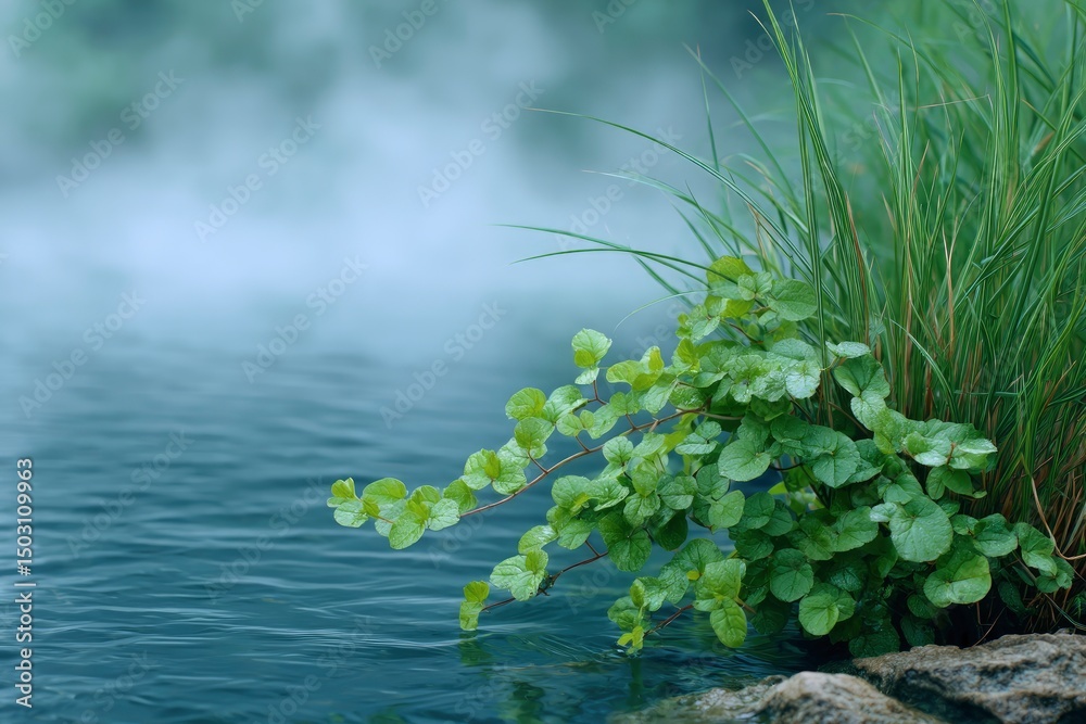 Naklejka premium Serene Pondside: Lush Green Vines and Grasses in Misty Tranquility