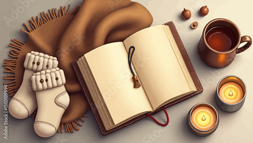 Warm cozy autumn scene with open book, socks, blanket, tea, and candles. Ideal for reading, relaxation, and hygge themes.
