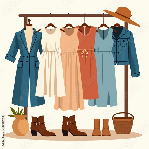 Flat vector of autumn women's fashion rack with dresses, coats, boots, hats, and accessories. Ideal for seasonal fashion content.