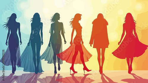 Group of fashionable female silhouettes walking across vibrant light background. Ideal for runway themes and modern fashion visuals.