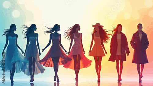 Modern silhouettes of elegant women in fashion outfits walking in line with a glowing gradient background. Great for fashion advertising.