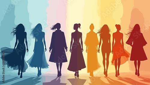Stylized fashion silhouettes of women in chic dresses and coats walking against a colorful background. Ideal for fashion branding and trends.