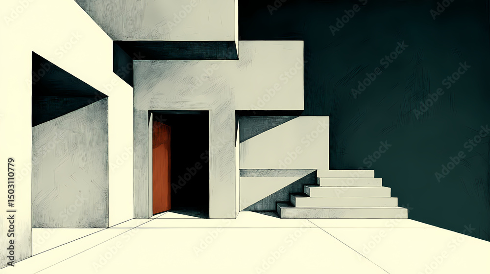 Fototapeta premium A detailed linear perspective drawing of a modern architectural space, showcasing depth and structure. perspective depth techniques. illustration. linear structure. Illustration