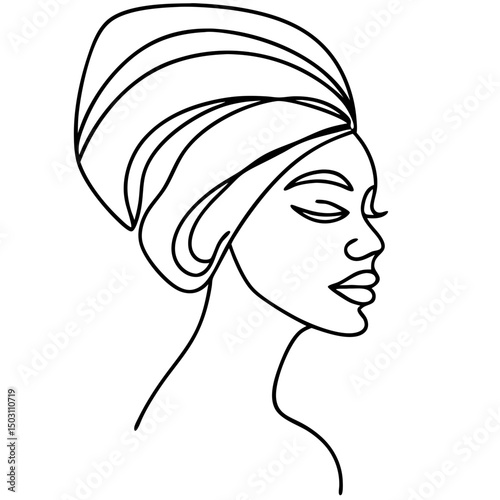 Woman in headwrap, line art drawing, black and white, for profile picture