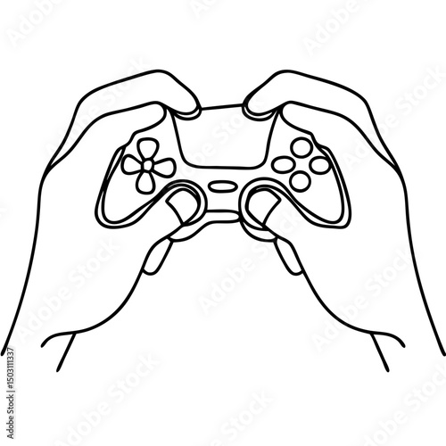 Hands holding a game controller, a line drawing illustration, for gaming websites