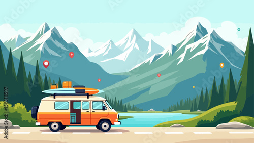 Adventure van parked near lake with mountain range in the background on a bright day.