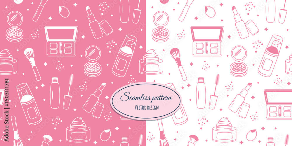 Fototapeta Seamless makeup pattern with hand-drawn makeup elements. Vector contour drawing for fabric, wallpaper, wrapping paper and more.