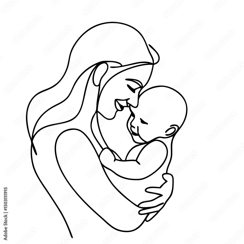 Obraz premium Mother and baby in one line art style, for Mother's Day cards