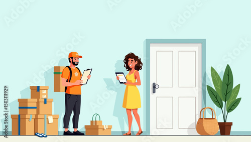  Delivery guy with a backpack drops off parcels to woman at home using tablet confirmation.
