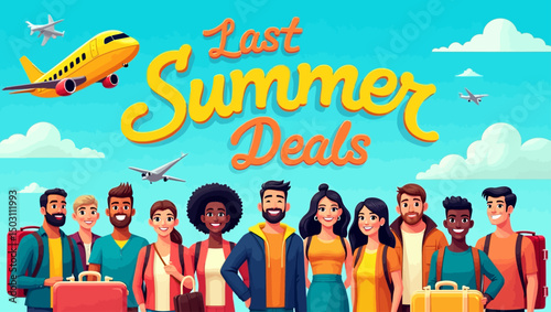  Group of smiling travelers under text “Last Summer Deals” with airplane and clouds background.