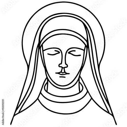 Serene woman in head covering, line art illustration, black and white, for religious design