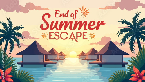 Scenic sunset illustration with overwater bungalows and "End of Summer Escape" text, perfect for tropical vacation promotions.
