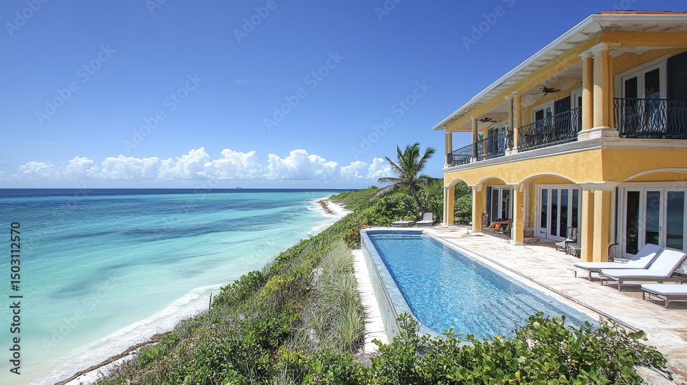 Fototapeta premium Luxurious oceanfront property with stunning views and serene poolside setting