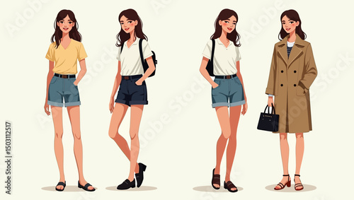 Seasonal fashion transformation set showing a woman in different outfits from summer to autumn, ideal for style, fashion, and lifestyle visuals.
