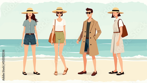 Stylish beach fashion scene with young adults in summer outfits by the ocean, ideal for vacation, travel, and seasonal lifestyle themes.