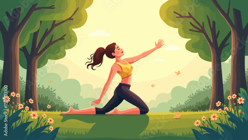 Woman doing a yoga stretch in a peaceful forest clearing during a bright and sunny morning.