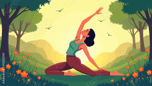  A woman practicing yoga in a forest clearing, stretching gracefully with birds flying in the background.