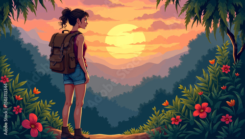 Backpacker woman admiring a glowing sunset in a jungle valley, surrounded by blooming tropical flowers.