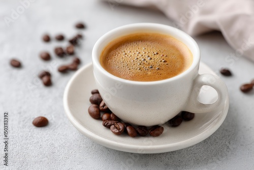 Espresso Delight: Aromatic Coffee in a White Cup with Roasted Beans