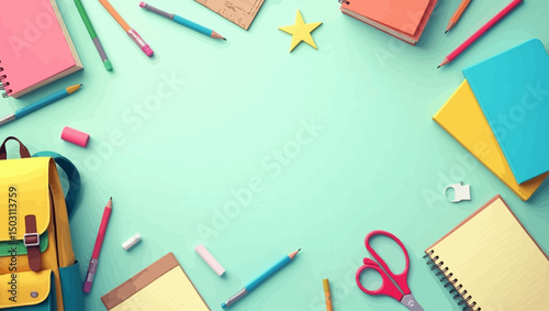 Vibrant back to school background with colorful supplies like notebooks, scissors, and pencils on a teal surface.