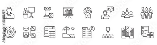 Business and management icon set. Contains symbol of businessman, target, leadership, progress, holiday, data, stock, market, accounting, training, resource, finance, service. Vector illustration