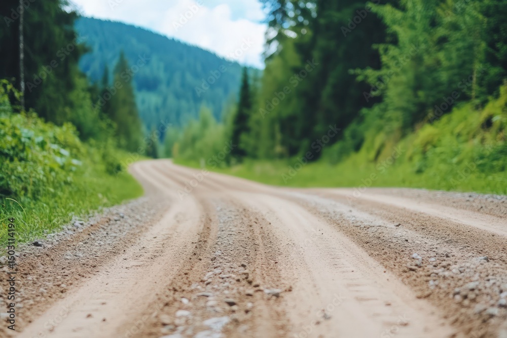 Fototapeta premium Gravel road through dense forest mountain landscape