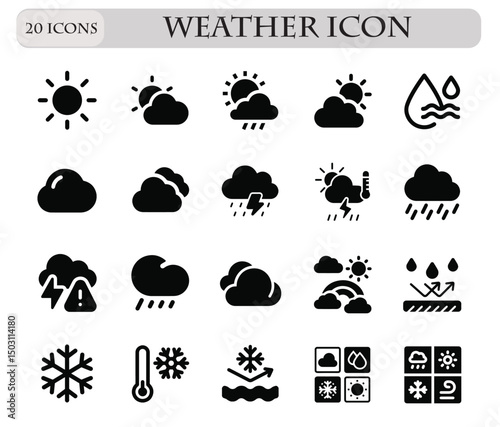 Vector Pack of Weather Icons – Includes sun, clouds, rain, snow, thunderstorm, and wind symbols. Perfect for web, apps, and print design projects