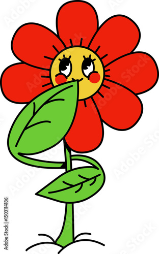 Shy red flower retro cartoon 
