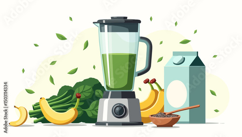  Green smoothie ingredients including blender, bananas, spinach, chia seeds, and milk cartoon styled on a white background.