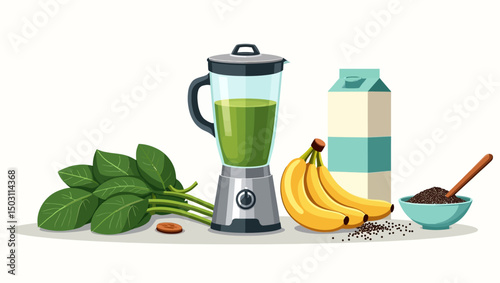 Healthy smoothie composition with bananas, spinach, almond, chia seeds, milk and blender in minimal vector style.