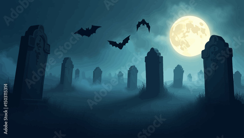 Foggy graveyard scene with tombstones and flying bats under a glowing full moon, creating a dark Halloween night atmosphere.